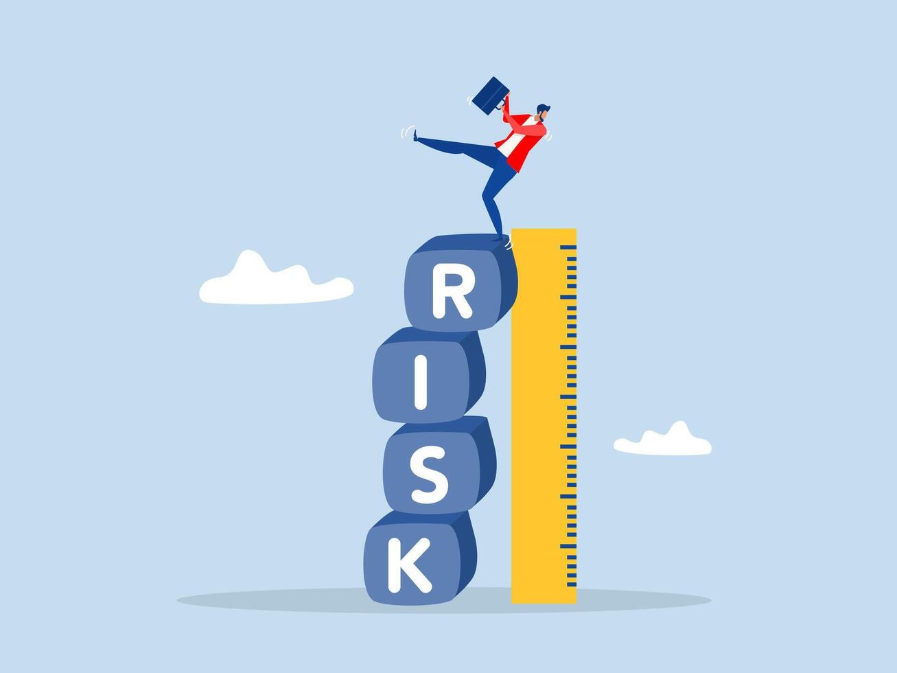 businessman uses wooden ruler and measuring risk word on blocks, risk management. Business strategy,Risk assessment and investigation concept vector