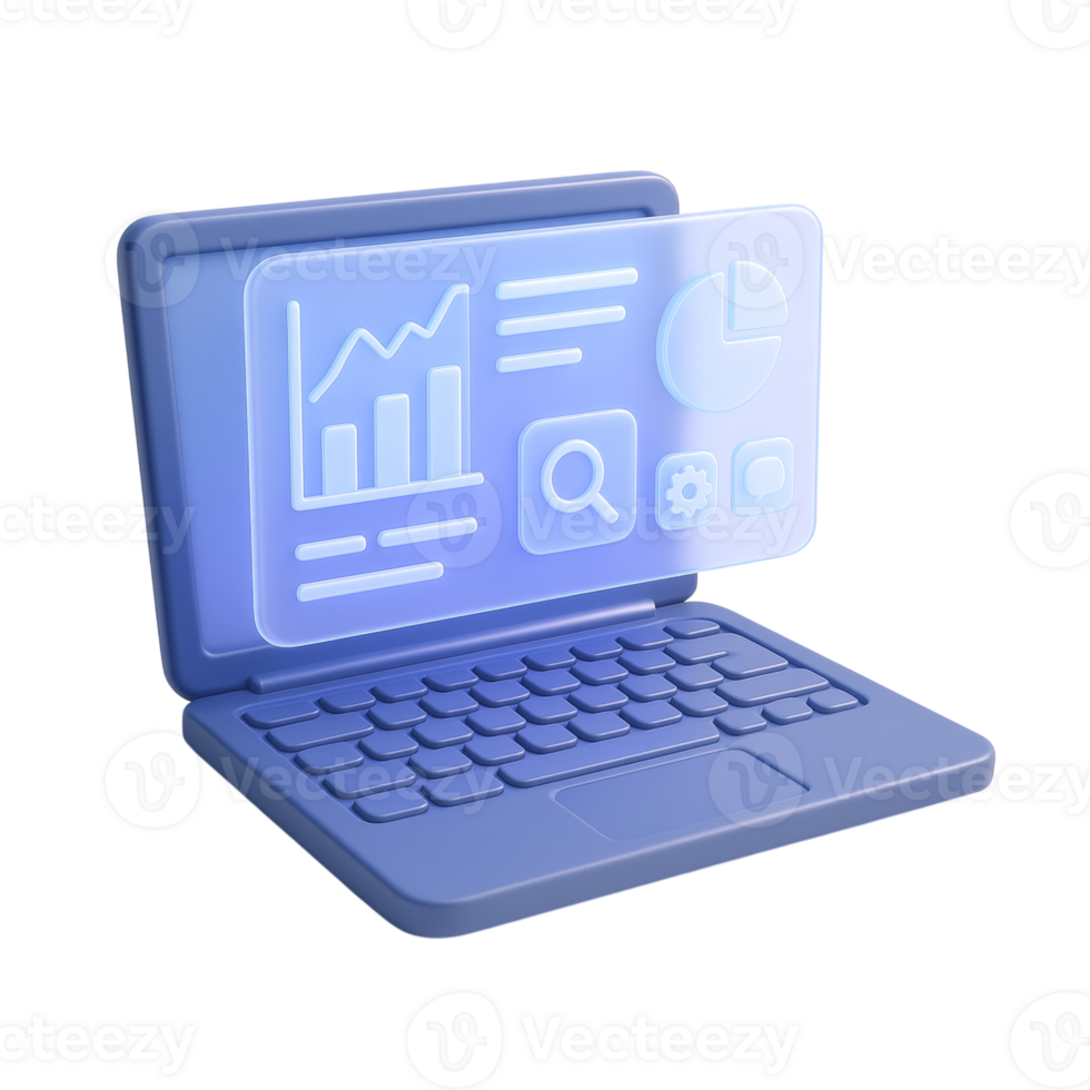 3d rendered blue laptop displaying analytics and graphs isolated on transparent background png