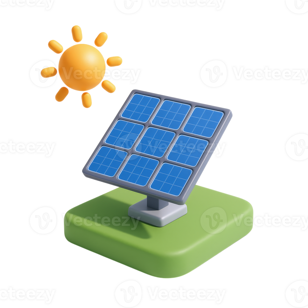 Stylized sun and solar panel on green base isolated on transparent background png