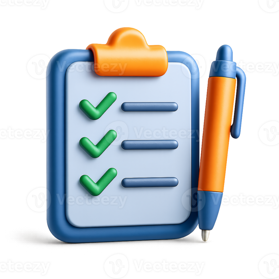 3D Render Checklist Clipboard with Pen - Task Management, To-Do List, Project Planning isolated on transparent background png