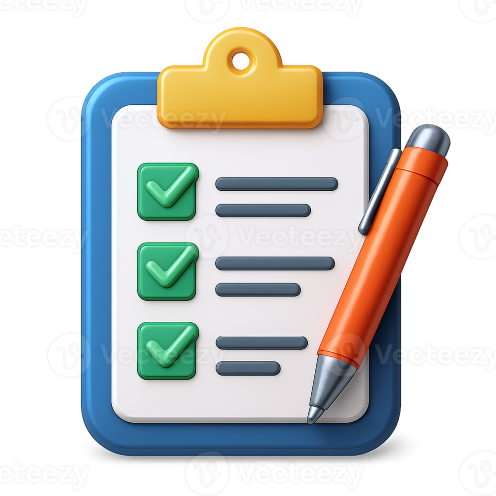 Checklist Icon 3D Render of Clipboard and Pen isolated on transparent background png