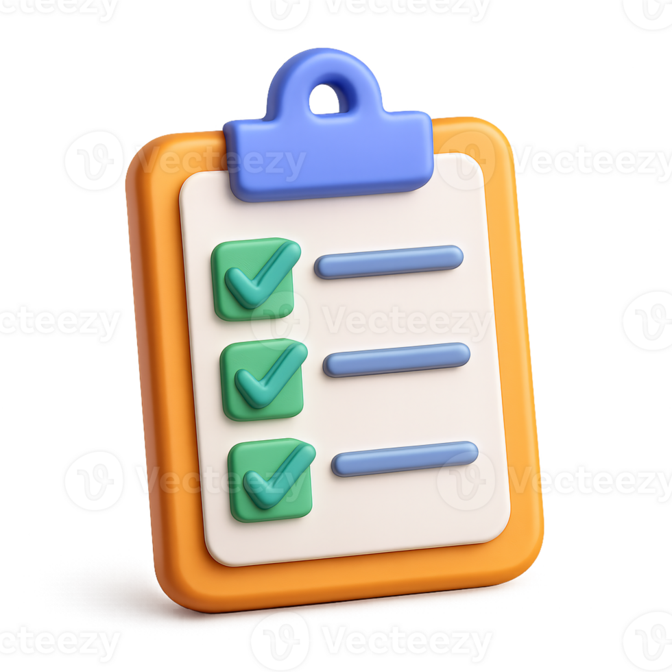 Checklist Icon 3D Render of Task List on Clipboard for Project Management Productivity isolated on transparent background png