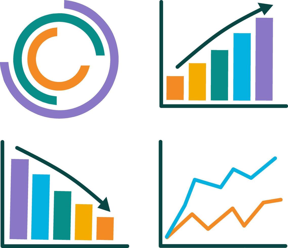 Business graphs and charts elements. Infographics, Statistic and data, charts diagrams, money, down or up arrow, data Presentations, financial chart vector