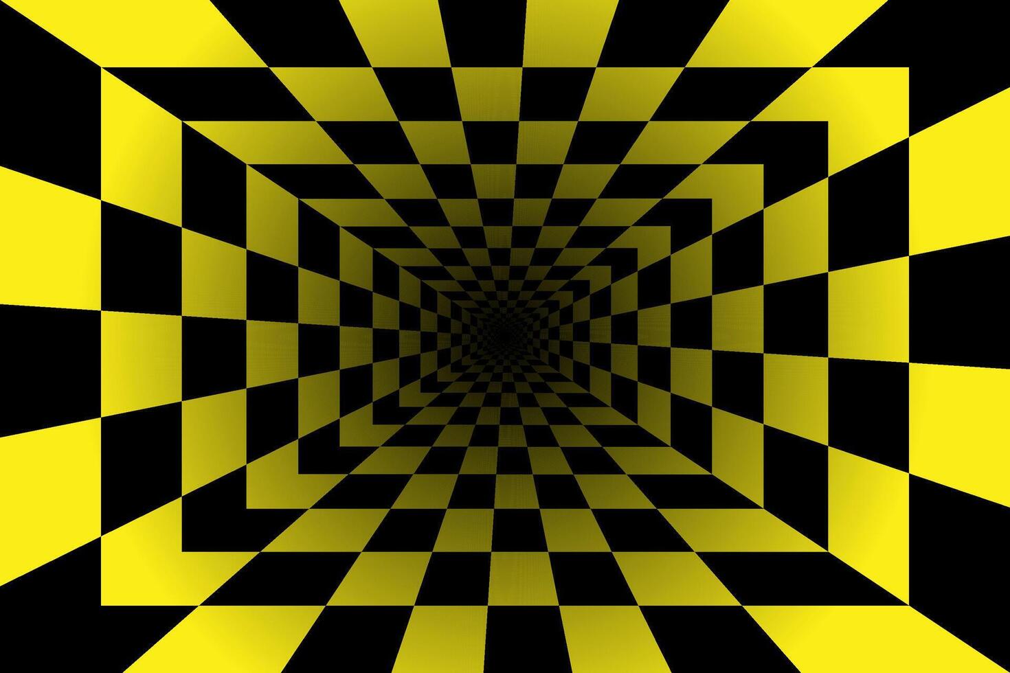 3d black and yellow tiles optical illusion vortex tunnel. Op art perspective geometric torus illustration. vector