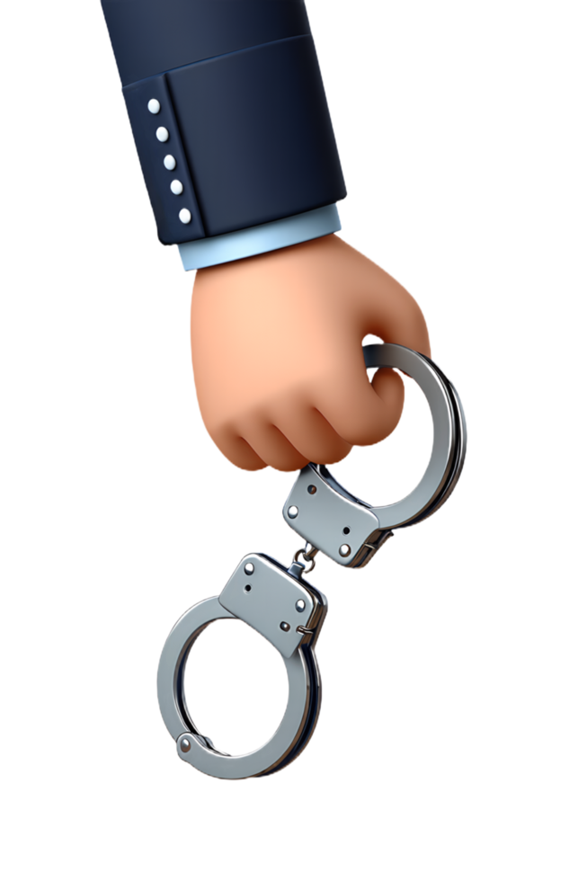 Hand holding metal handcuffs 3d isolated, law enforcement arrest symbol with reflective surfaces png