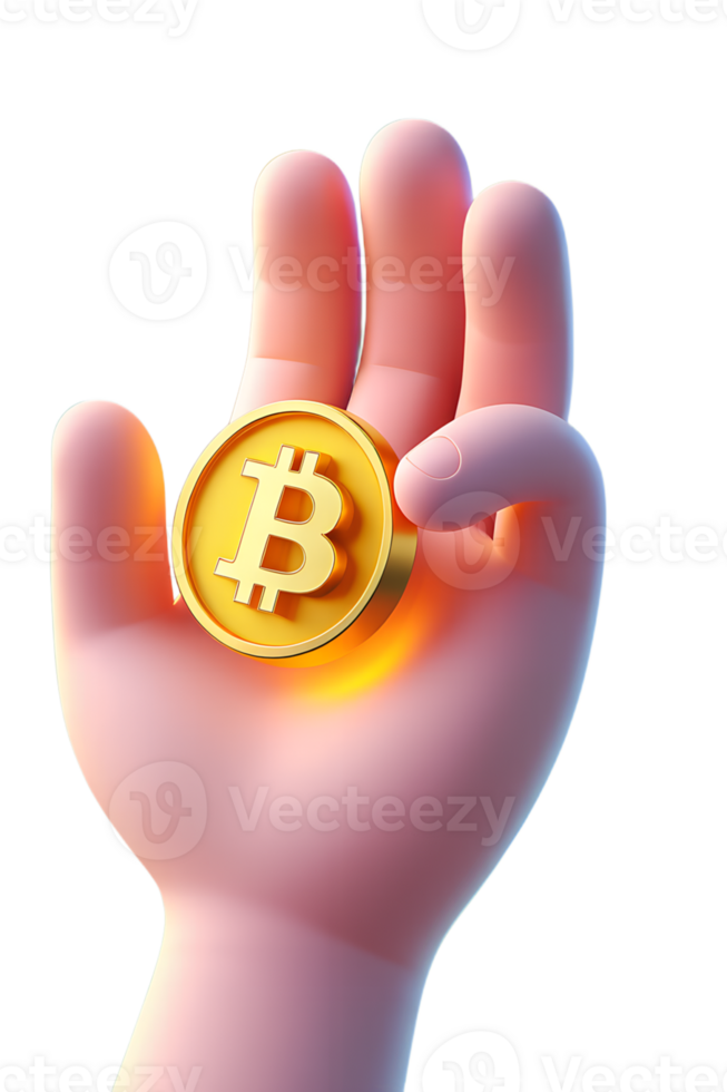 3d cartoon bitcoin coin held in hand, digital cryptocurrency investment concept with shiny metallic texture png