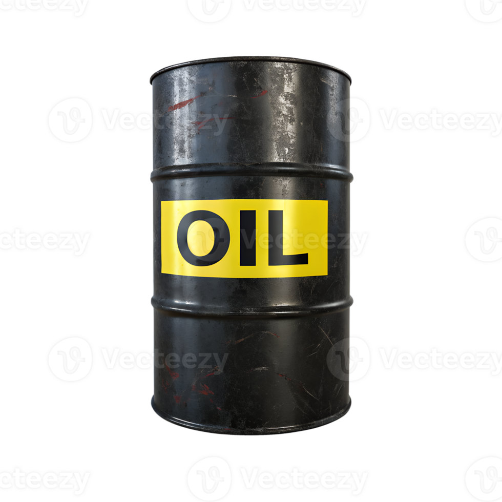 Black metal oil barrel with oil label isolated, industrial fuel storage container png