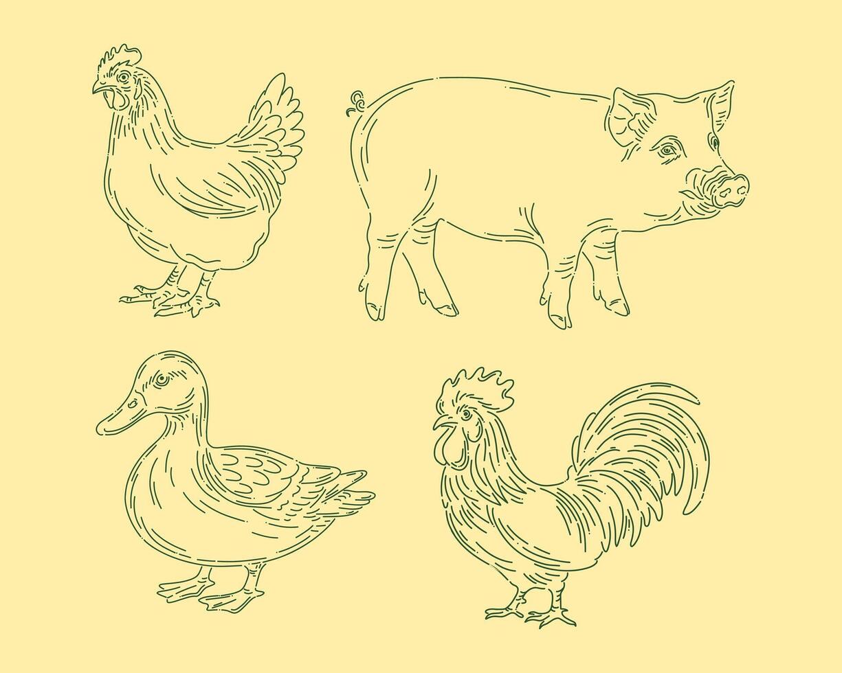 Livestock pig hen and duck outline clip art animal illustration element isolated editable vector
