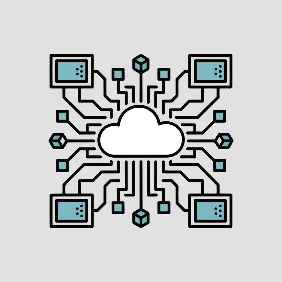 Teal and White Cloud Computing Network Architecture Icon Minimalist Graphic Featuring Central Cloud Connected to Multiple Devices via Circuitry Lines and Cubes vector