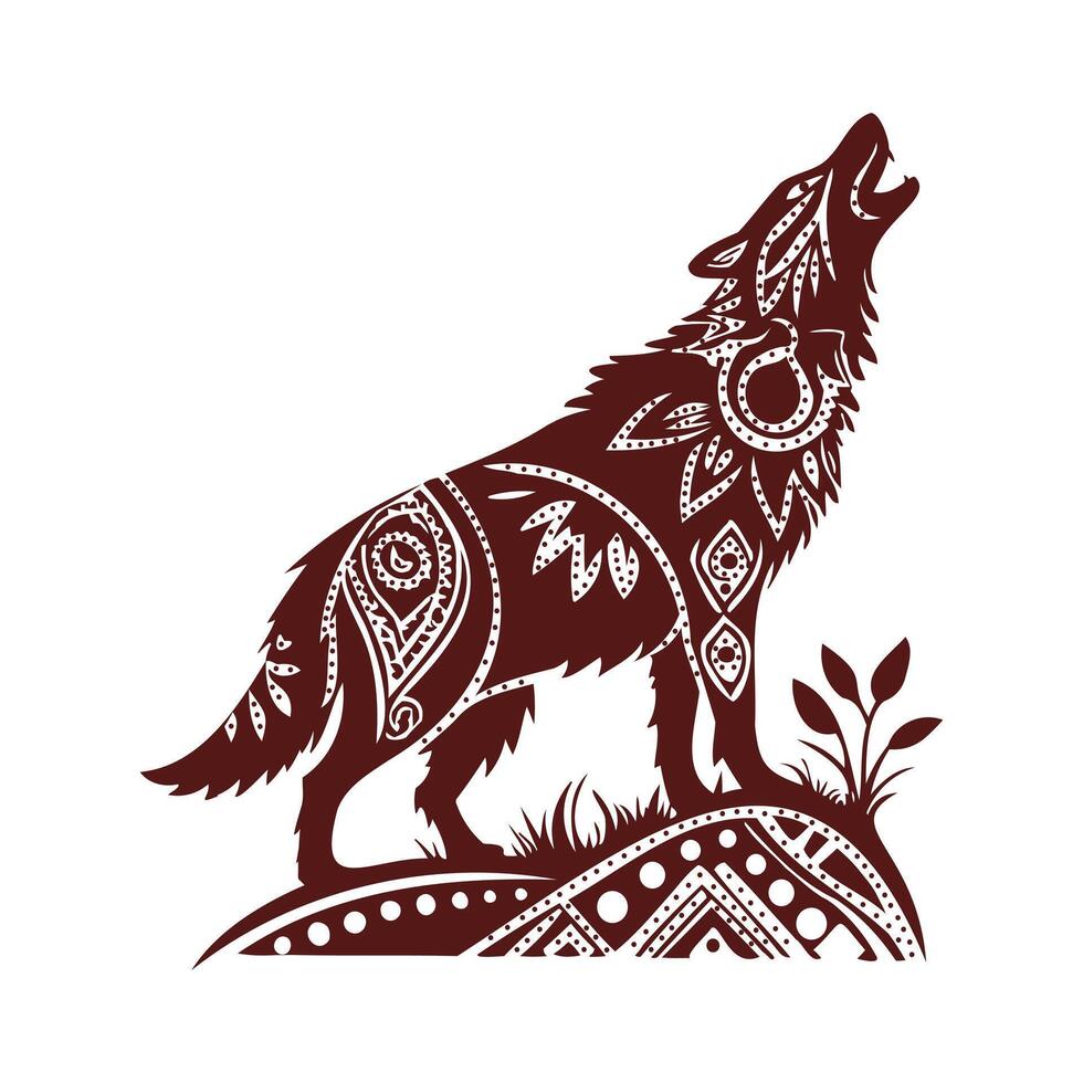 Wolf Silhouette Howling Tribal Tattoo Style with Intricate Geometric Patterns on a Hill with Grass vector