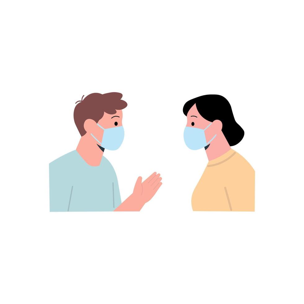 Two individuals wearing masks conversing vector