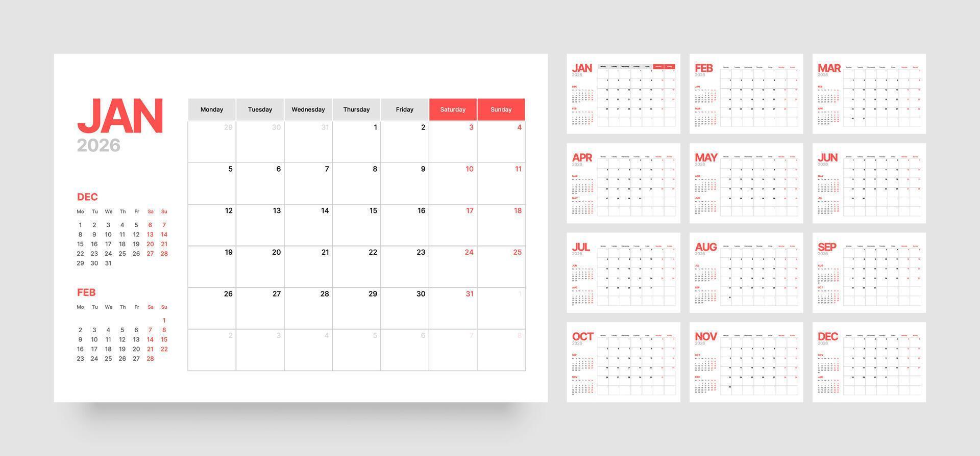 Monthly calendar layout for 2026 year. Planner for 2026 year. vector