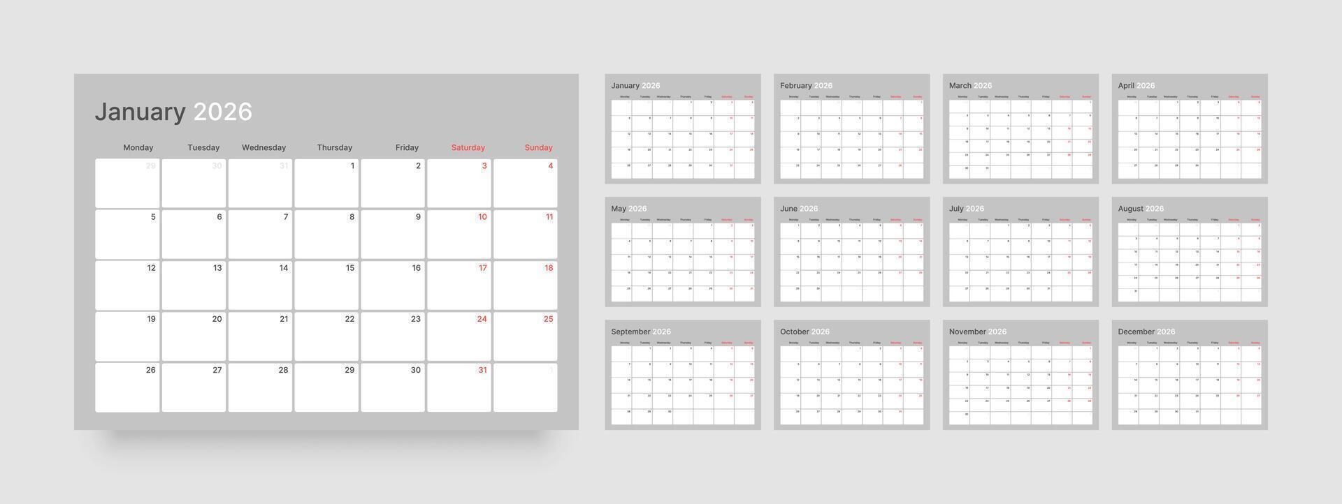 Planner for 2026 year. Monthly calendar layout for 2026 year. Week Starts on Monday. vector