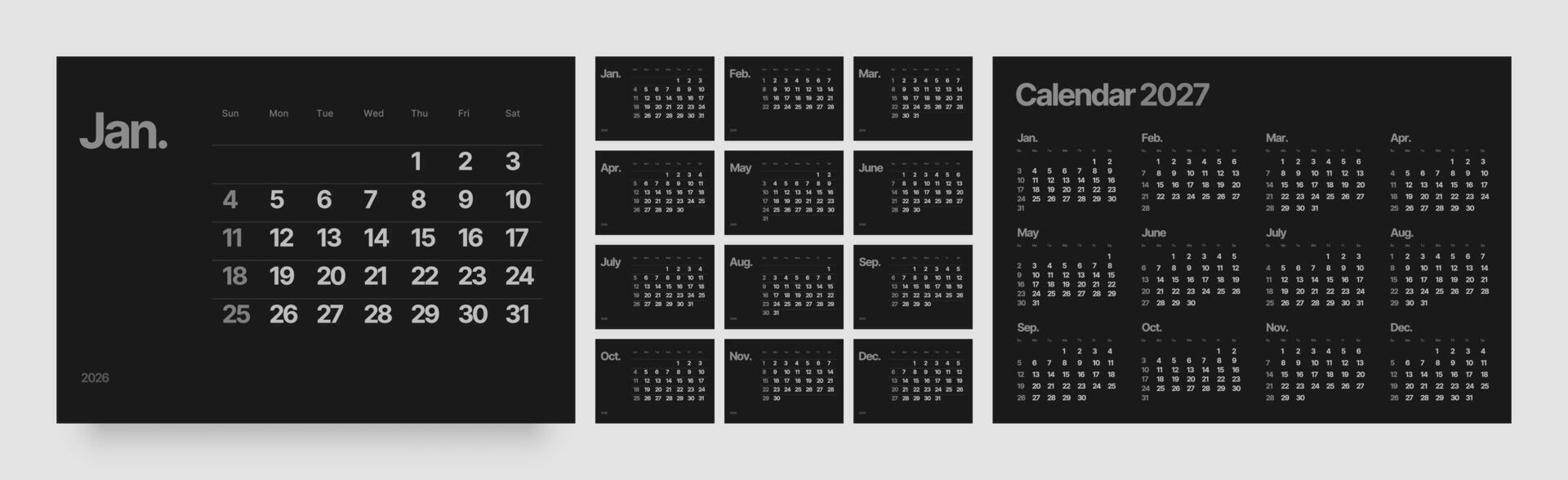 Monthly calendar for 2026 year. Wall or desk calendar 2026 in dark color. Week Starts on Sunday. vector