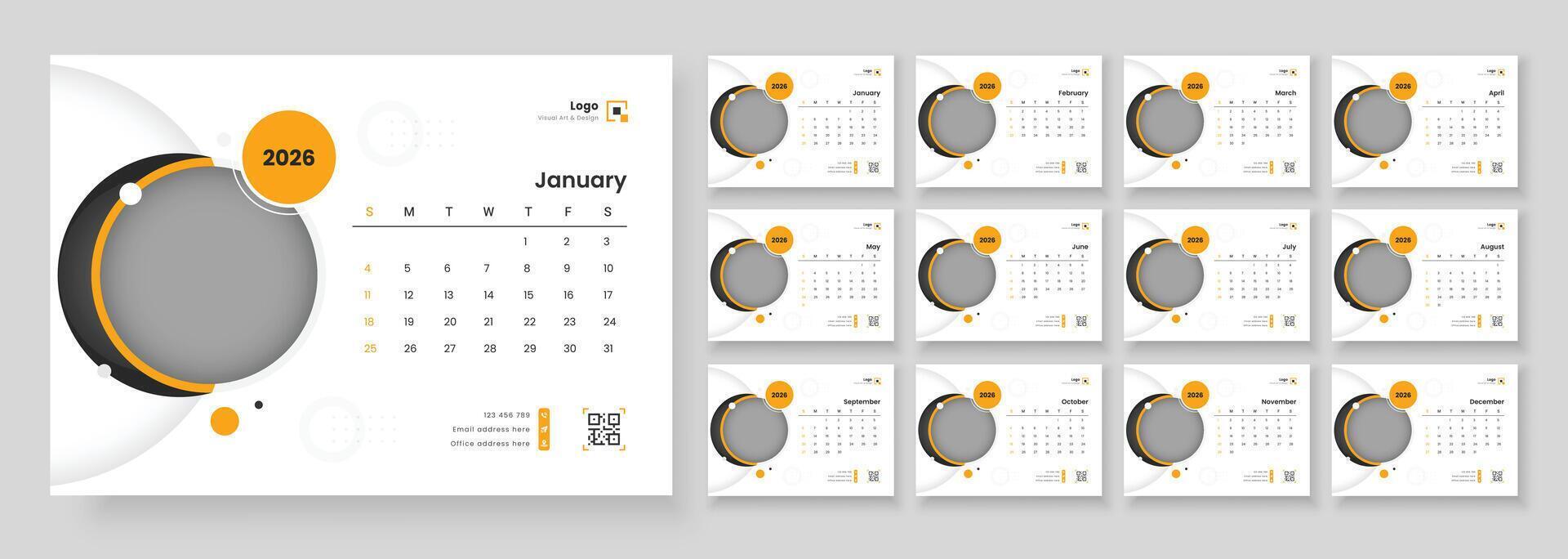 Modern new year 2026 desk calendar template. 2026 monthly desk calendar template. Calendar template for 2026 with week start on Sunday. vector