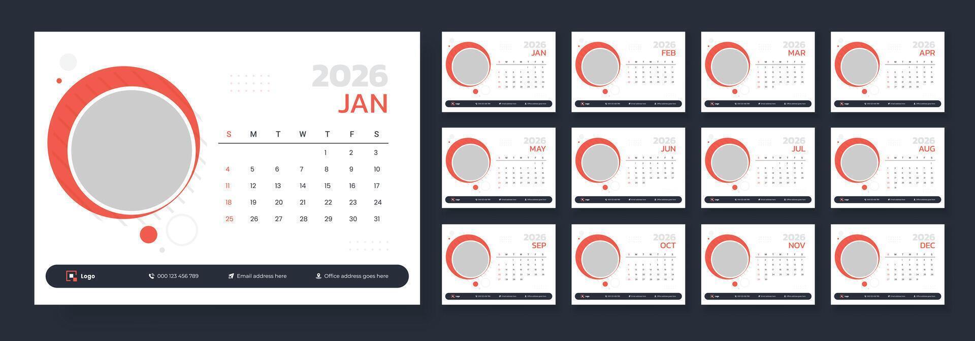 Desk calendar template 2026, Template for annual calendar 2026, Calendar 2026 planner corporate template design set, The week starts on Sunday. vector