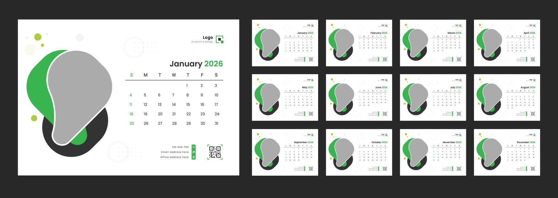 Calendar template for 2026 with week start on Sunday. New Year 2026 table calendar. Desk Calendar 2026 template 12 months included. Week start on Sunday. vector