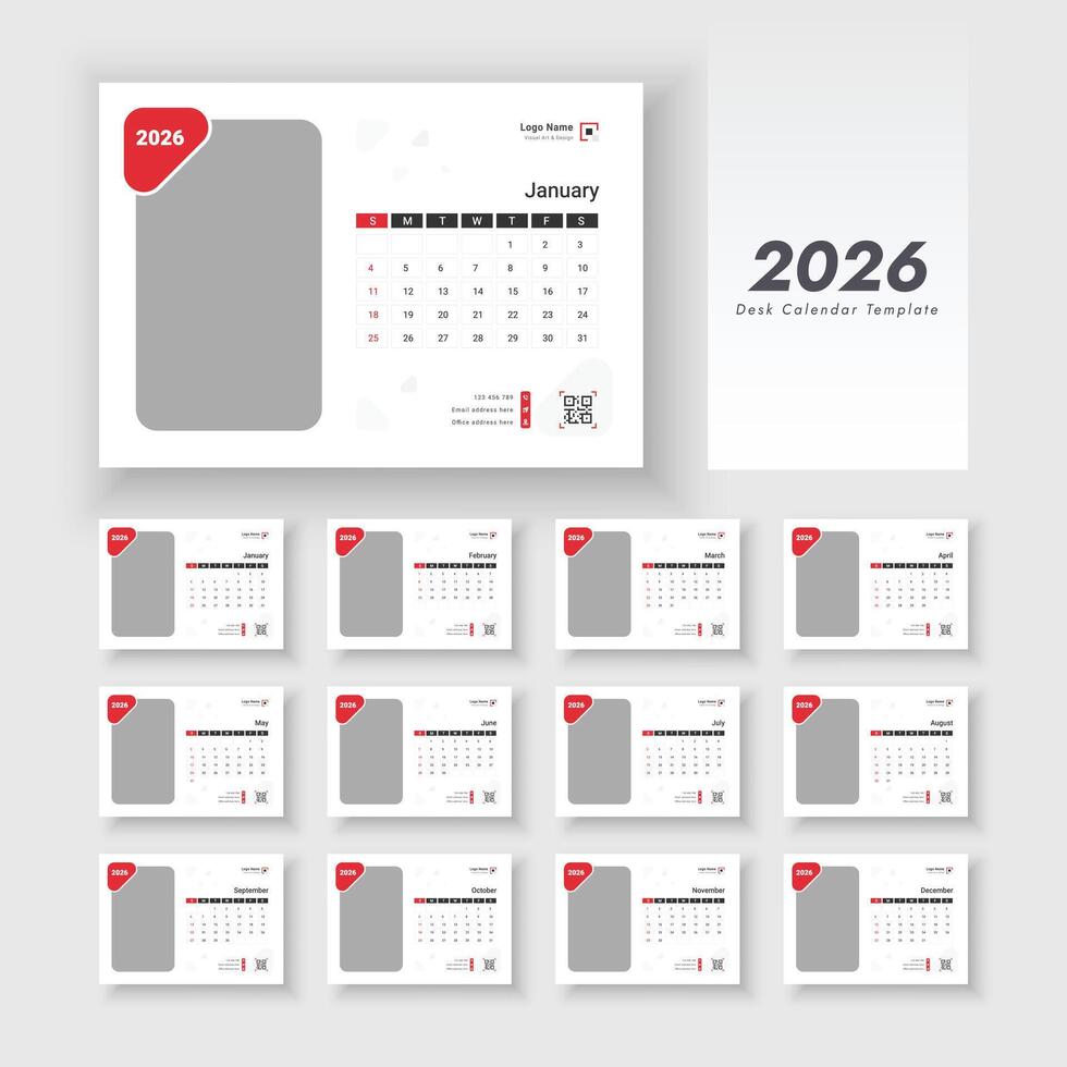 2026 new year desk calendar template design. Desk Calendar 2026 planner corporate template design set of 12 months. vector