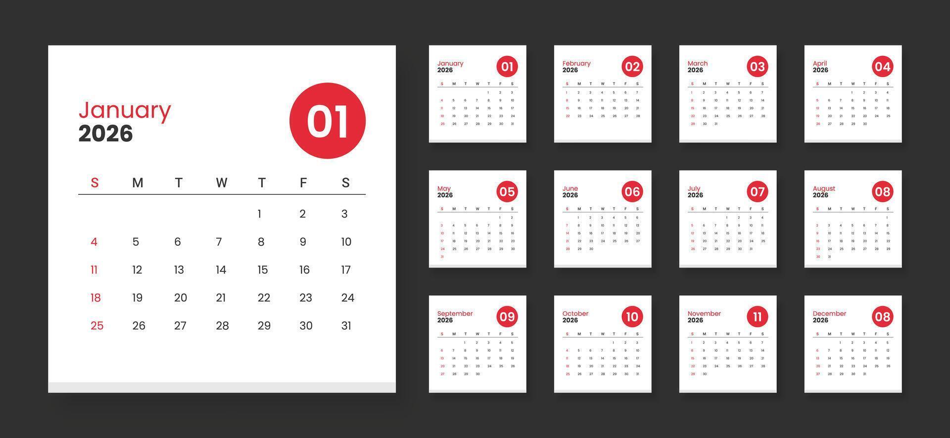 Calendar 2026 week start Sunday corporate design template . 2026 calendar in minimalist style vector