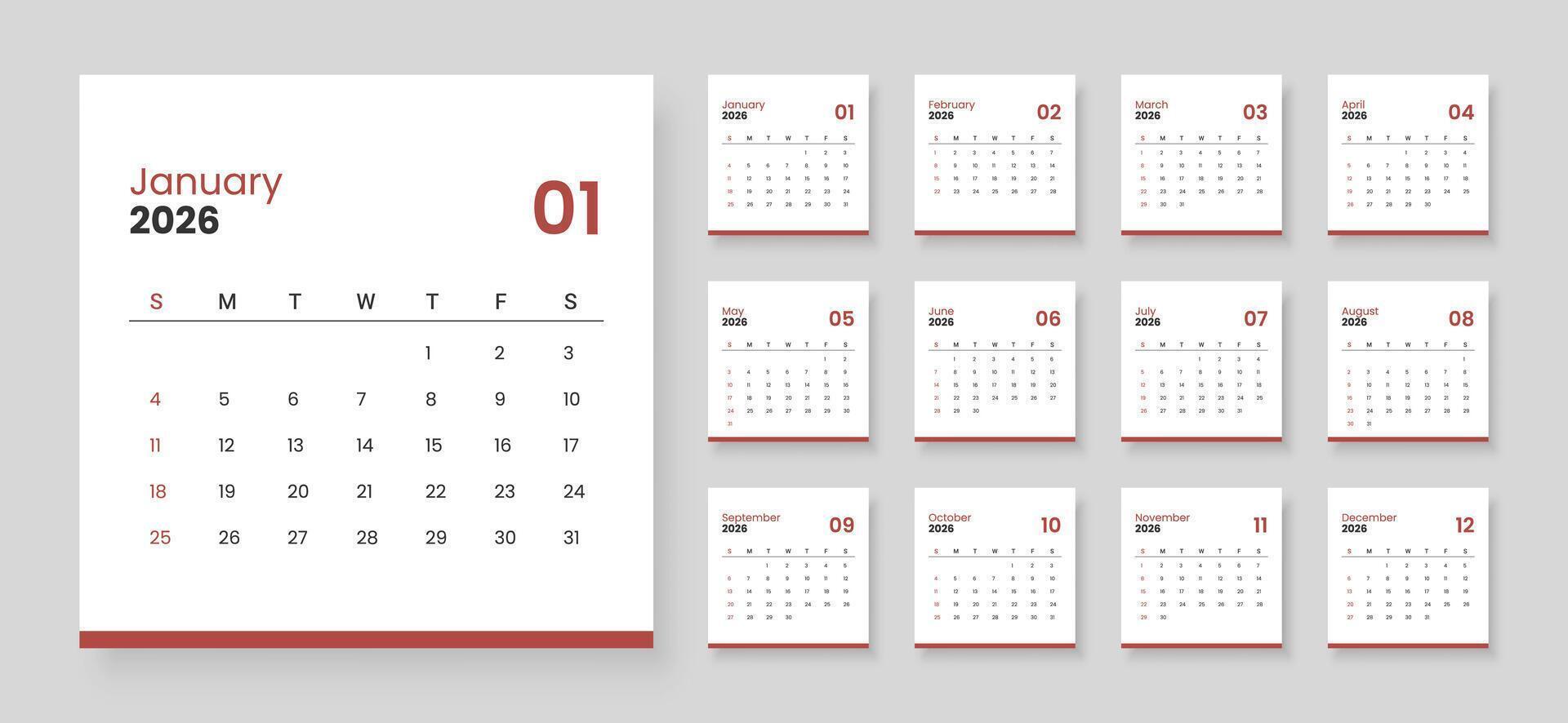 Modern calendar for 2026 year. Week starts on Sunday. vector