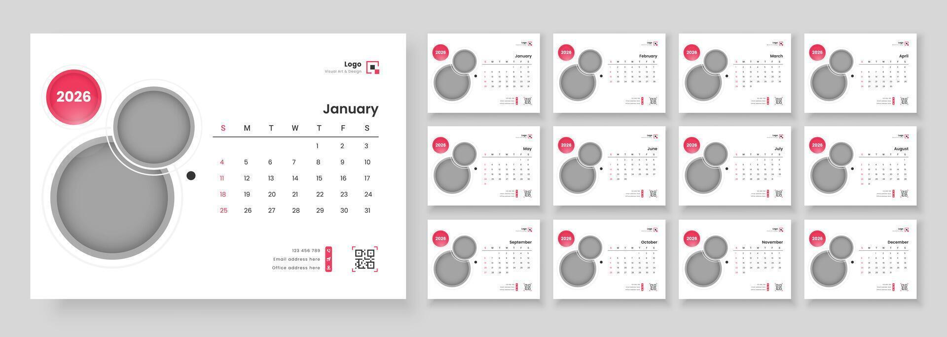 Calendar template for 2026 with week start on Sunday. Desk calendar 2026 template. Monthly calendar layout for 2026 year. vector