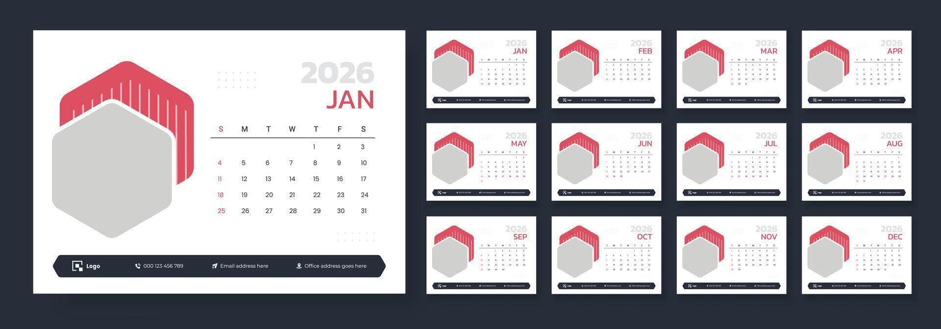 Minimalist desk calendar 2026 template. New year 2026 table calendar design, Week start on Sunday. vector