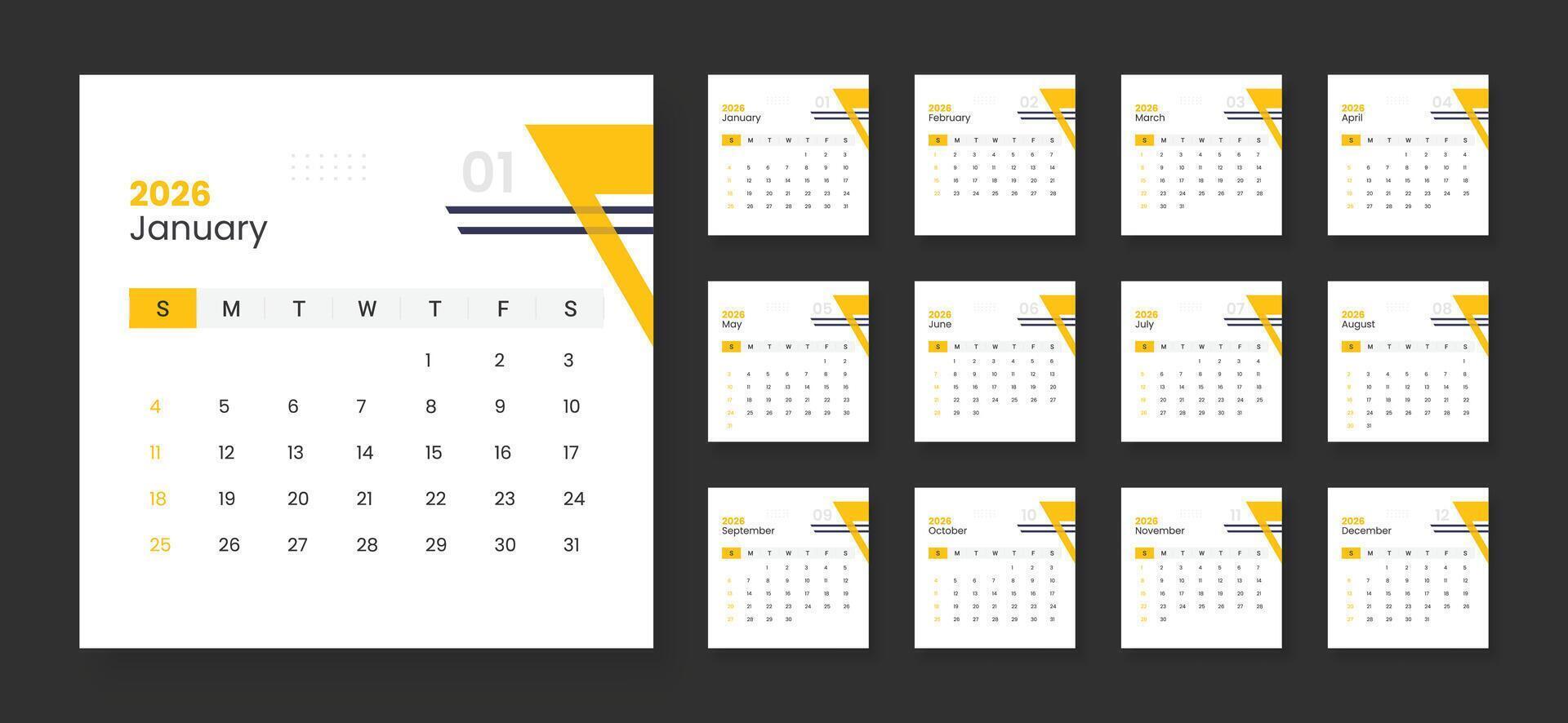2026 modern classic calendar template. Week starts on Sunday. vector