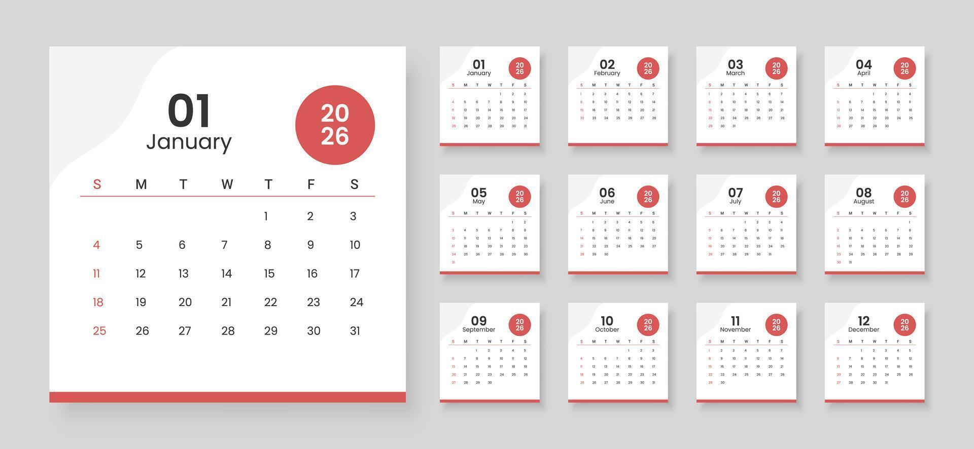 Calendar 2026 week start Sunday corporate design template . Monthly calendar template for 2026 vector