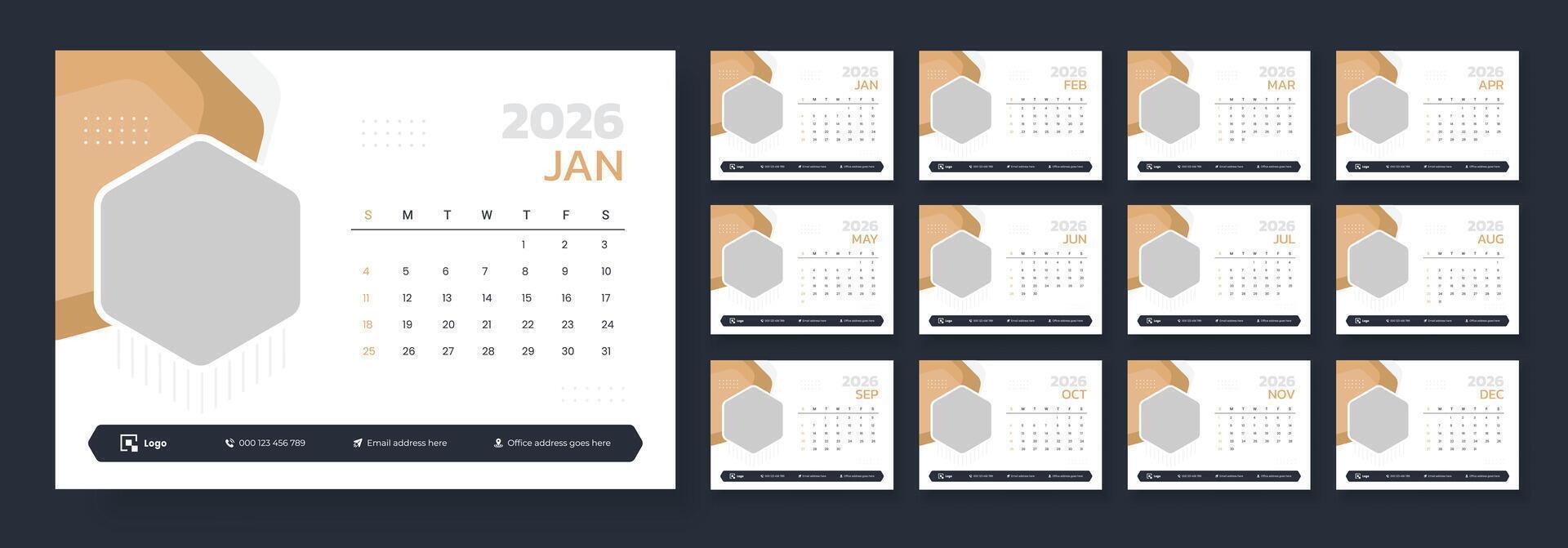 Minimalist desk calendar 2026 template. Calendar 2026 planner corporate template design set vector