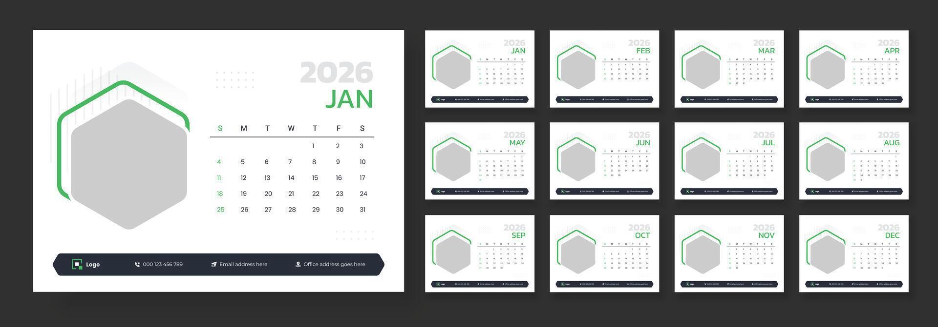 Desk Calendar Template 2026, New Year 2026 table calendar, Minimalist desk calendar 2026 design template. Week start on Sunday. vector