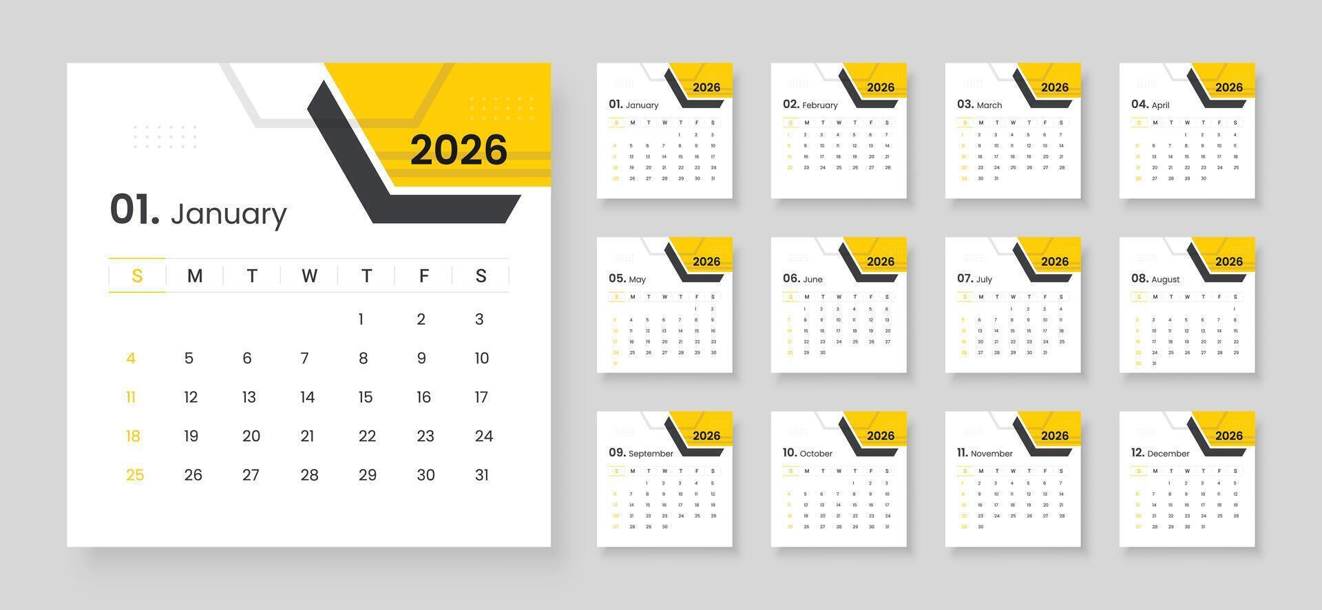 2026 calendar with twelve monthly pages vector