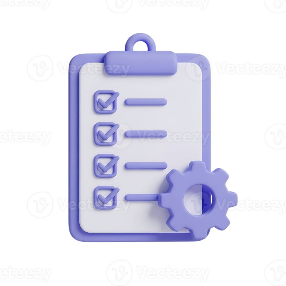 Checklist with a gear icon symbolizing task management isolated on transparent background png