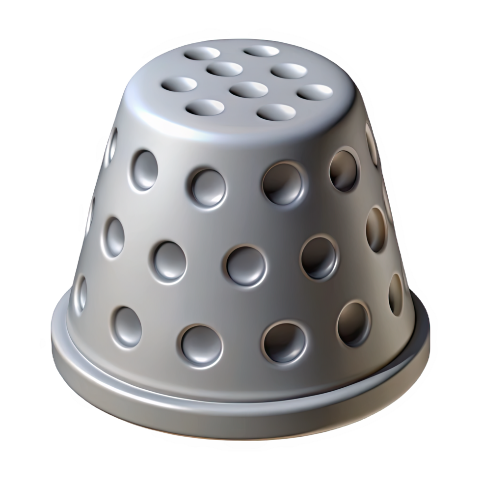 Silver metal thimble with numerous indentations isolated on transparent background png