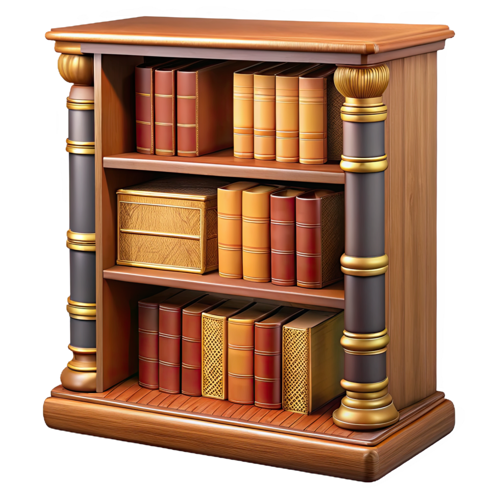 Classic wooden bookshelf filled with leather bound books isolated on transparent background png
