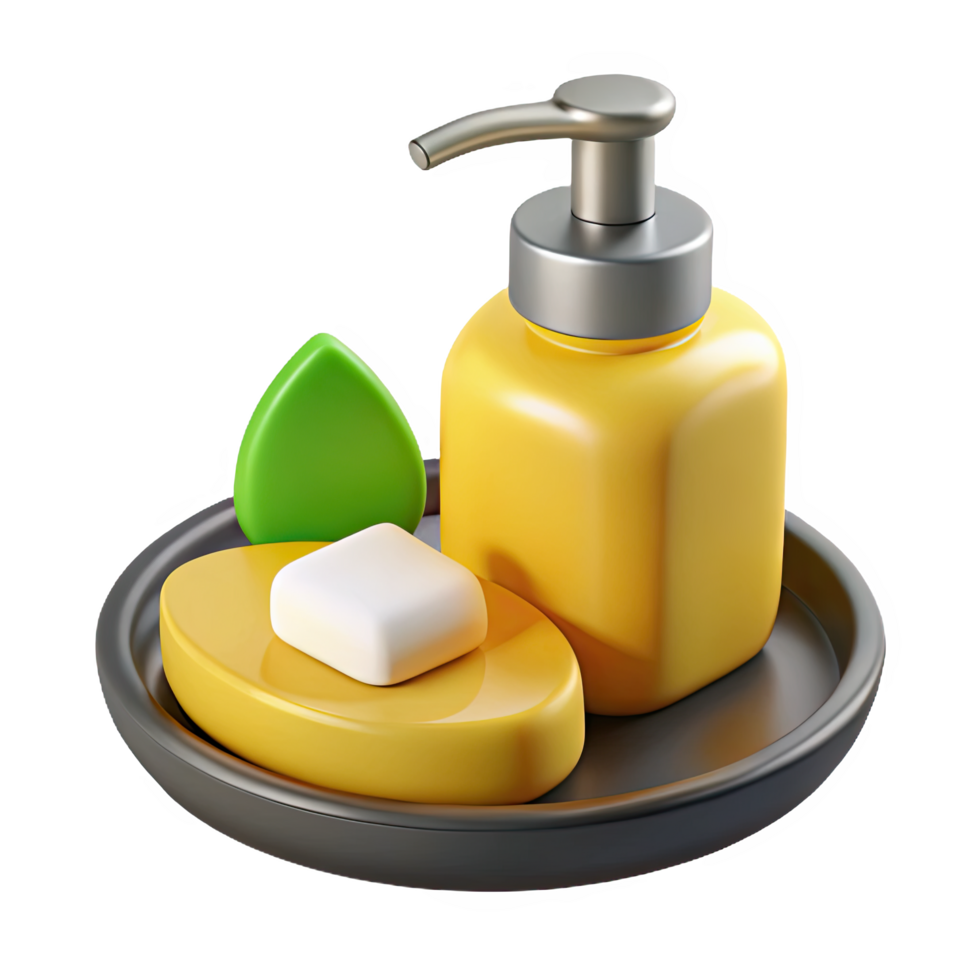 3d rendered yellow soap dispenser with soap bar isolated on transparent background png