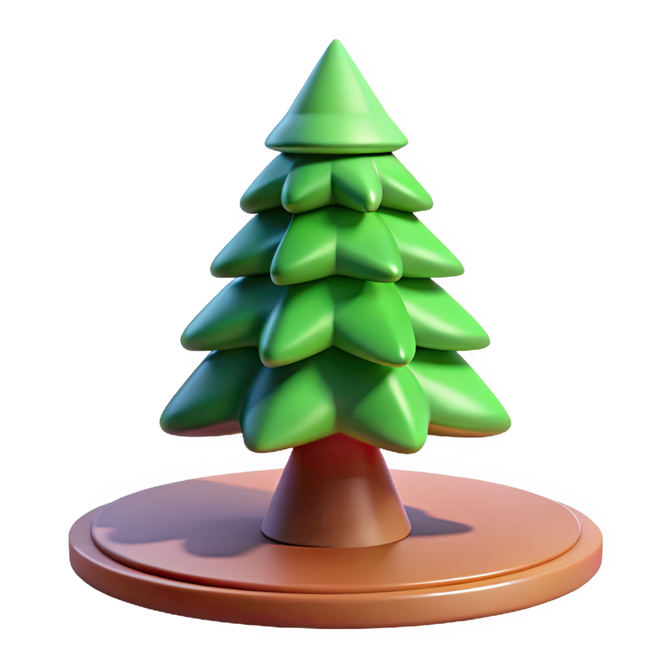 Stylized green christmas tree on a brown circular base isolated on transparent background png