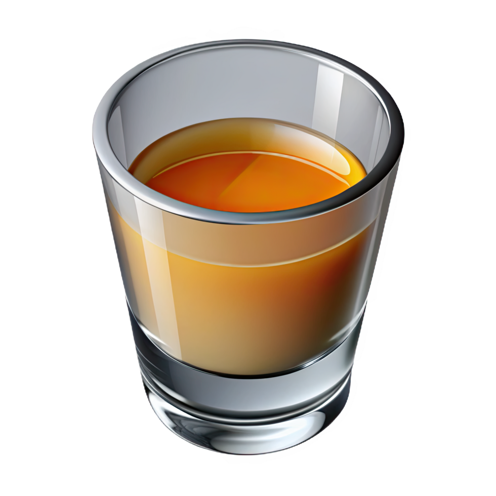 A delicious amber colored shot of alcohol in a clear glass isolated on transparent background png