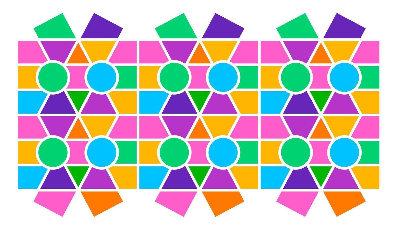Abstract photo frame collage design with vibrant geometric pattern of circles, triangles, pentagons, and rectangles in symmetrical grid, ideal for modern collage, visual layouts, or decorative vector