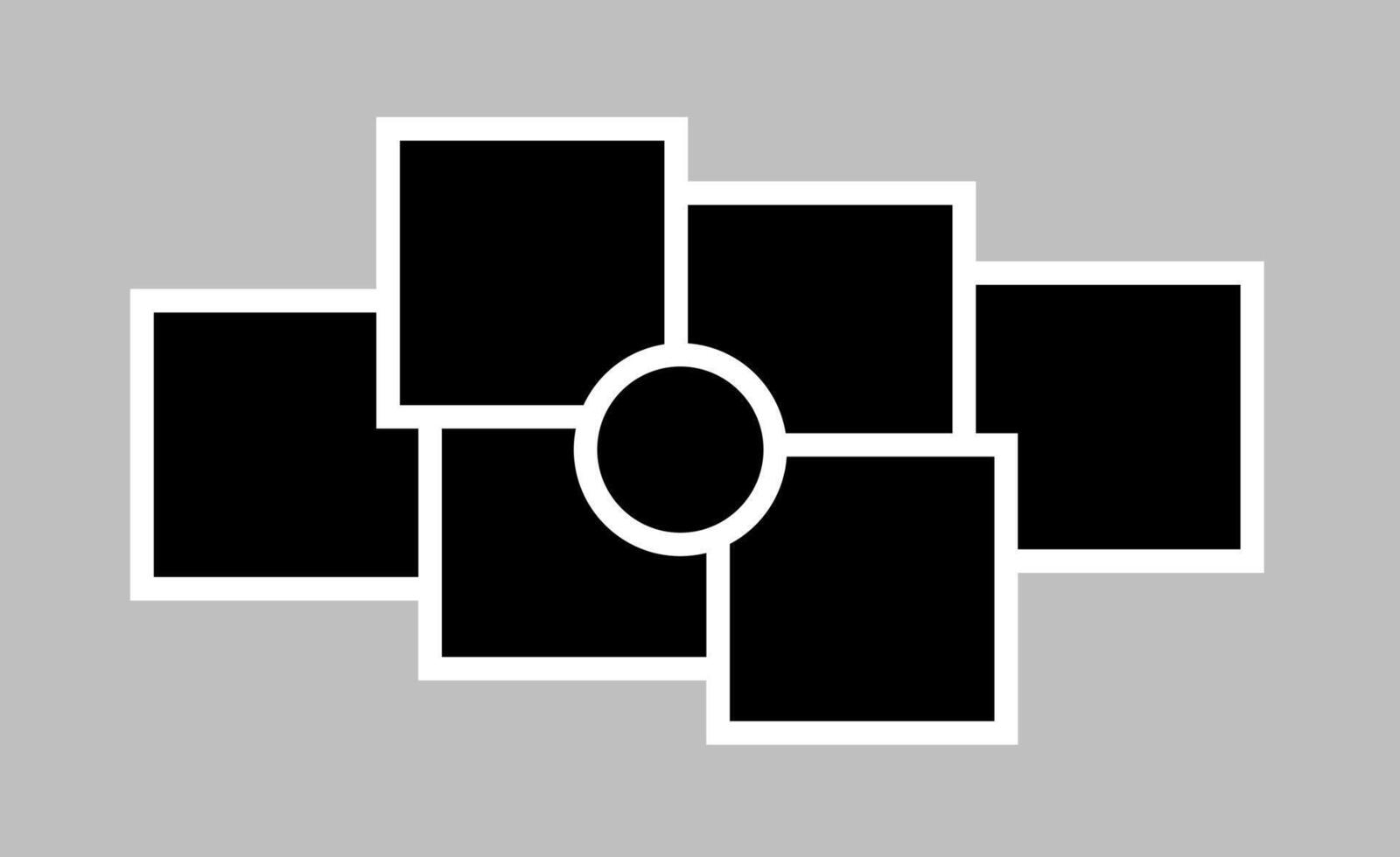 Abstract photo frame collage with 6 black rectangles and a central circle outlined in white on gray background, offering a modern geometric layout for stylish image presentation. vector