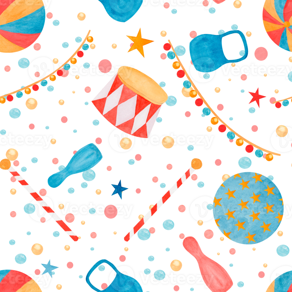 Cartoon seamless pattern watercolor hand drawn stars, ball, kettlebell, circus podium. For childish fabric, wallpaper nursery, birthday cards, invitations, scrapbook. png