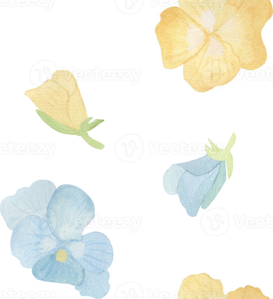 Watercolor floral seamless pattern featuring alternating blue and yellow flowers. Soft, delicate style perfect for textiles, wrapping paper, spring-themed designs, or feminine stationery and decor. png