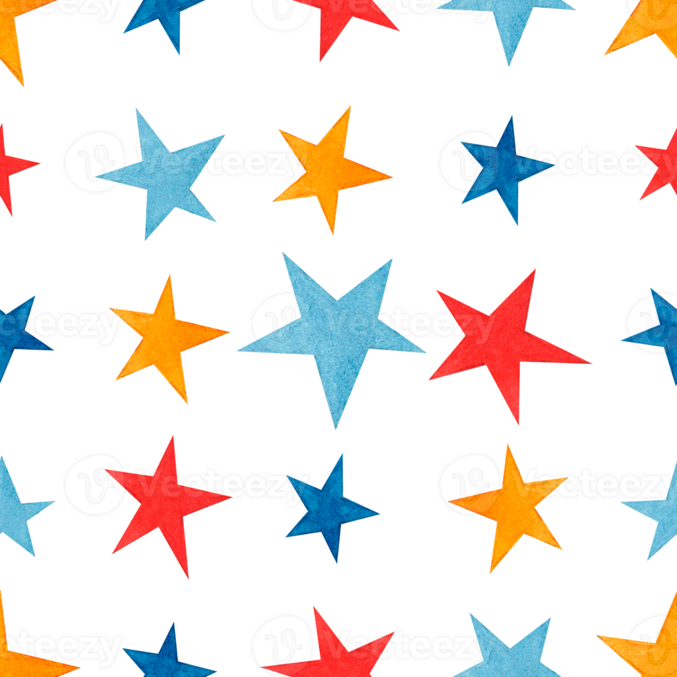 watercolor star seamless pattern. Cute blue, red and yellow stars. Beautiful design for baby dress, child skirt, kid cloth, wrapping, paper, card, print, cover, confetti. png