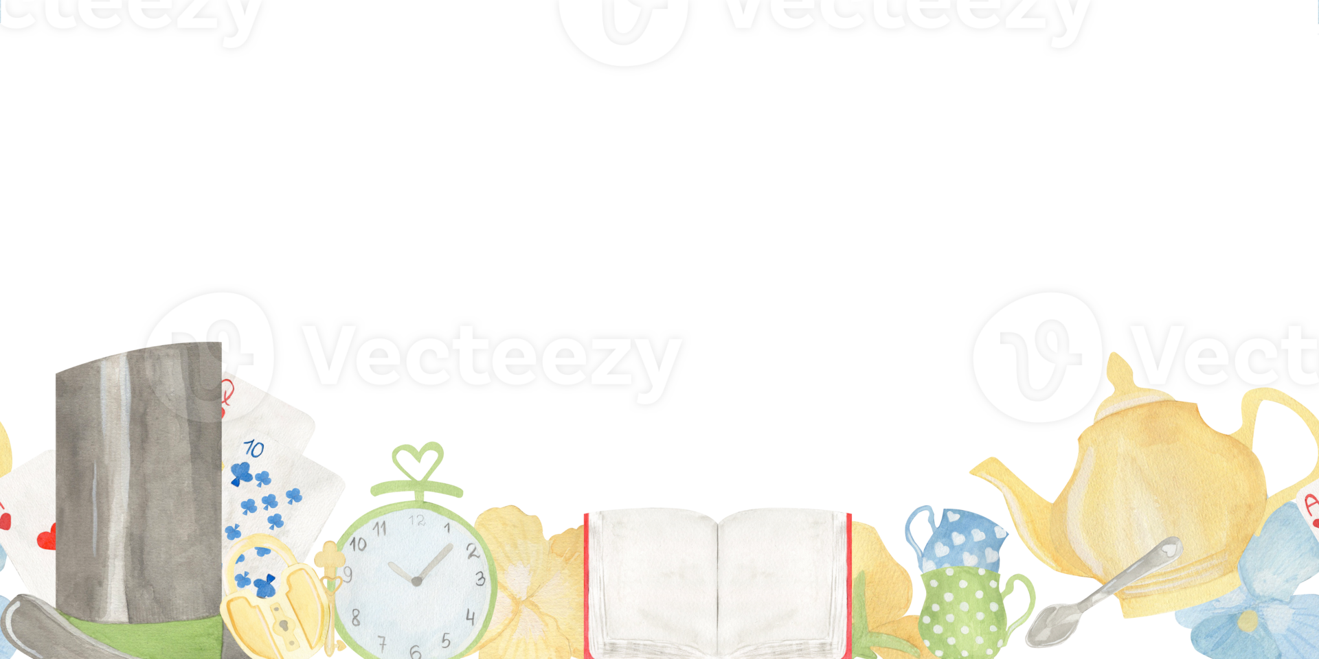 Seamless border horizontal watercolor illustration with tea party elements top hat, playing cards, clocks, teapot, cups, and an open book. Perfect for invitations, childrens books, or themed designs. png