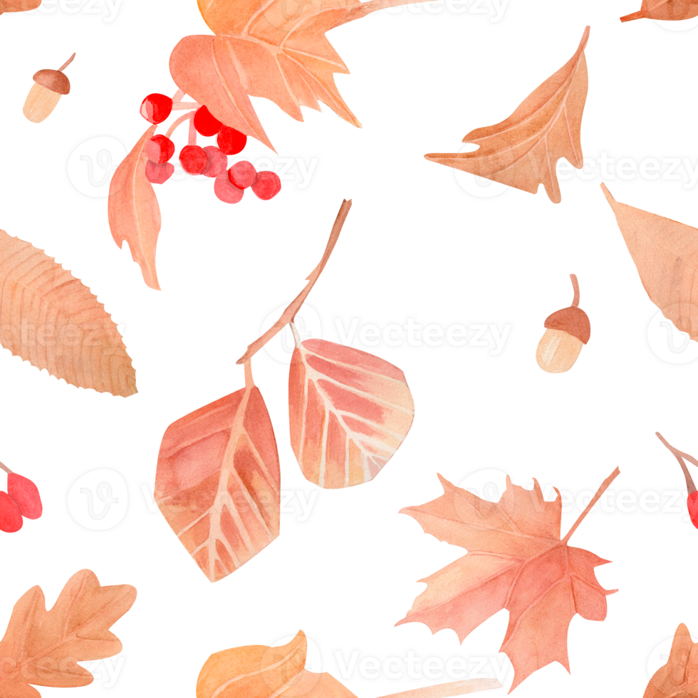 Seamless autumn pattern with leaves and berries of muted colors. The background is hand painted in watercolor the harvest season. for textiles, napkins, wrapping paper, postcards, decor, stationery png