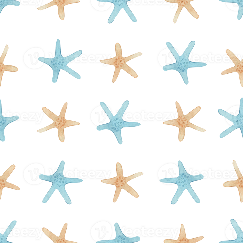 Seamless marine pattern with blue and beige starfish. The background is hand-drawn in watercolor. for the manufacture of fabrics, textiles, napkins, wrapping paper, postcards, decor, stationery png