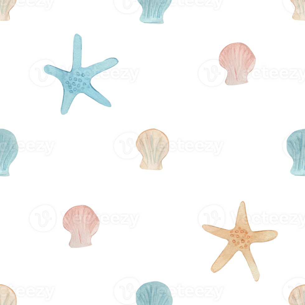 Illustration starfish and seashells, seamless pattern hand drawn watercolor drawing. It is used for making fabrics, textiles, napkins, wrapping paper, postcards, decor, printing png