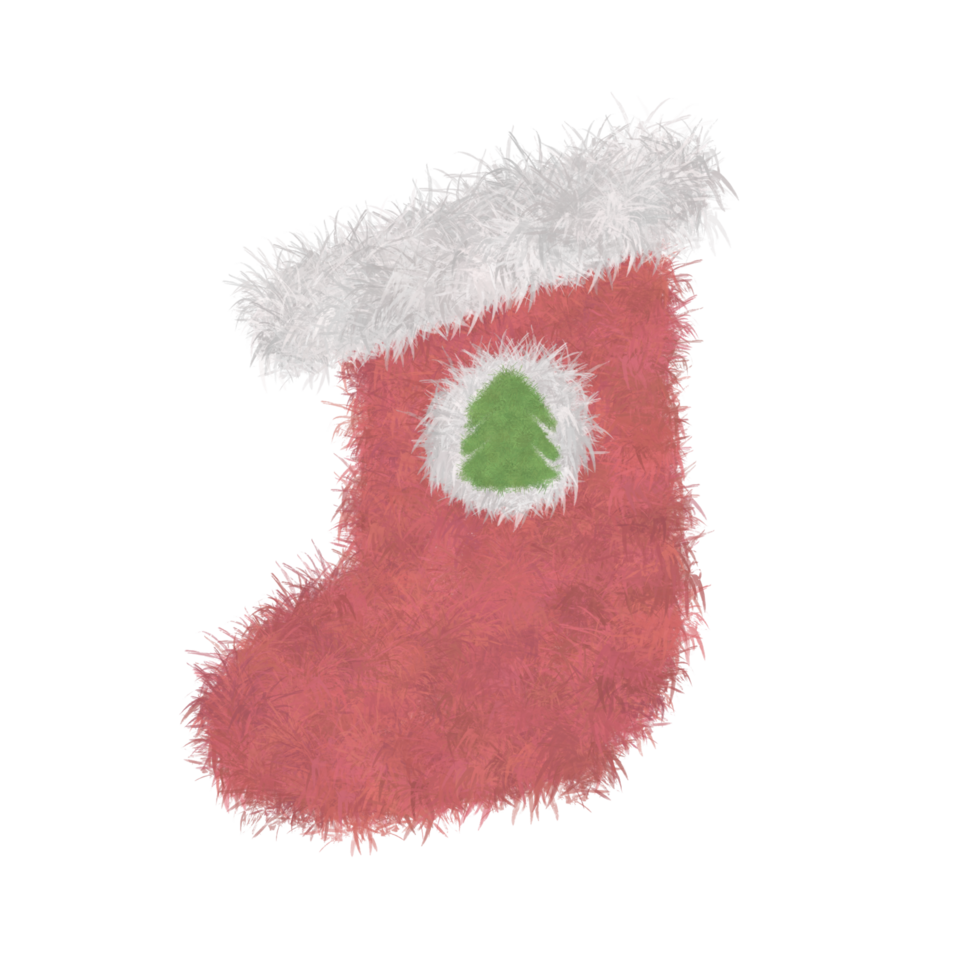 Illustration of a red Christmas stocking with a fuzzy white trim and a green Christmas tree emblem, designed in a textured, whimsical style. A festive and cozy holiday motif. png