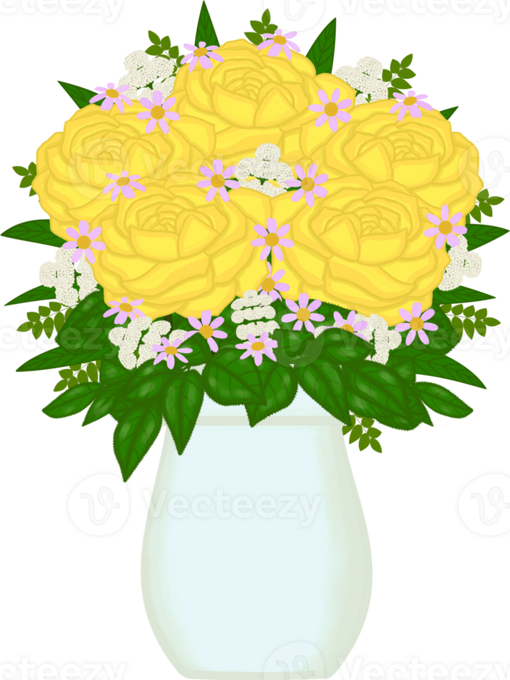 Beautiful idea and style of yellow roses mixed lovely white and pivk flowers and the green leaves in the clue ceramic vase for decorate home or flower shop. png