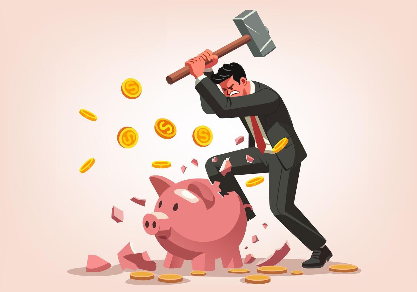 Man smashing piggy bank with hammer vector