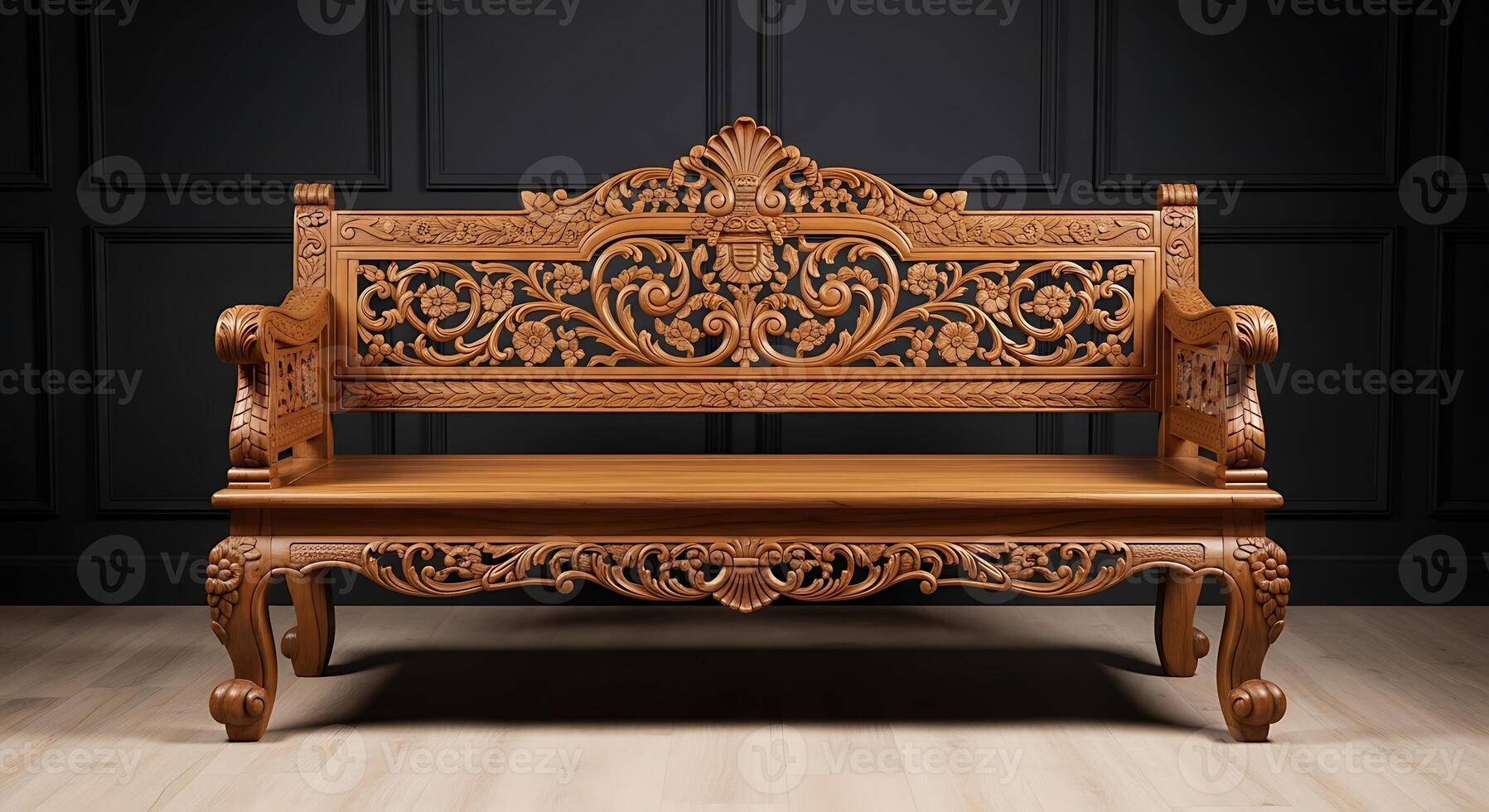 Ornate antique wooden bench with intricate carvings photo
